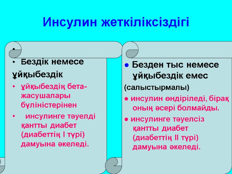 Инсулин жеткіліксіздігі    Бездік немесе ұйқыбездік ұйқыбездің бета-жасушалары бүліністерінен   инсулинге